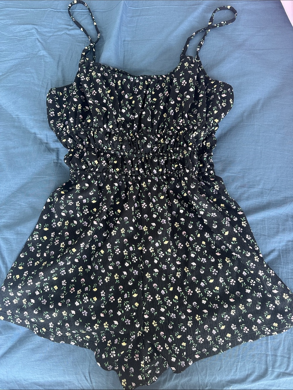 H&M Black Floral Smocked Romper with Pastel Accents